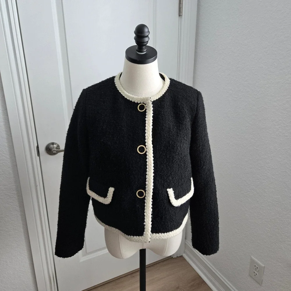 Ba&sh Lady Jacket Black Boucle Contrast Trim Gold Button Cropped Blazer Size 1